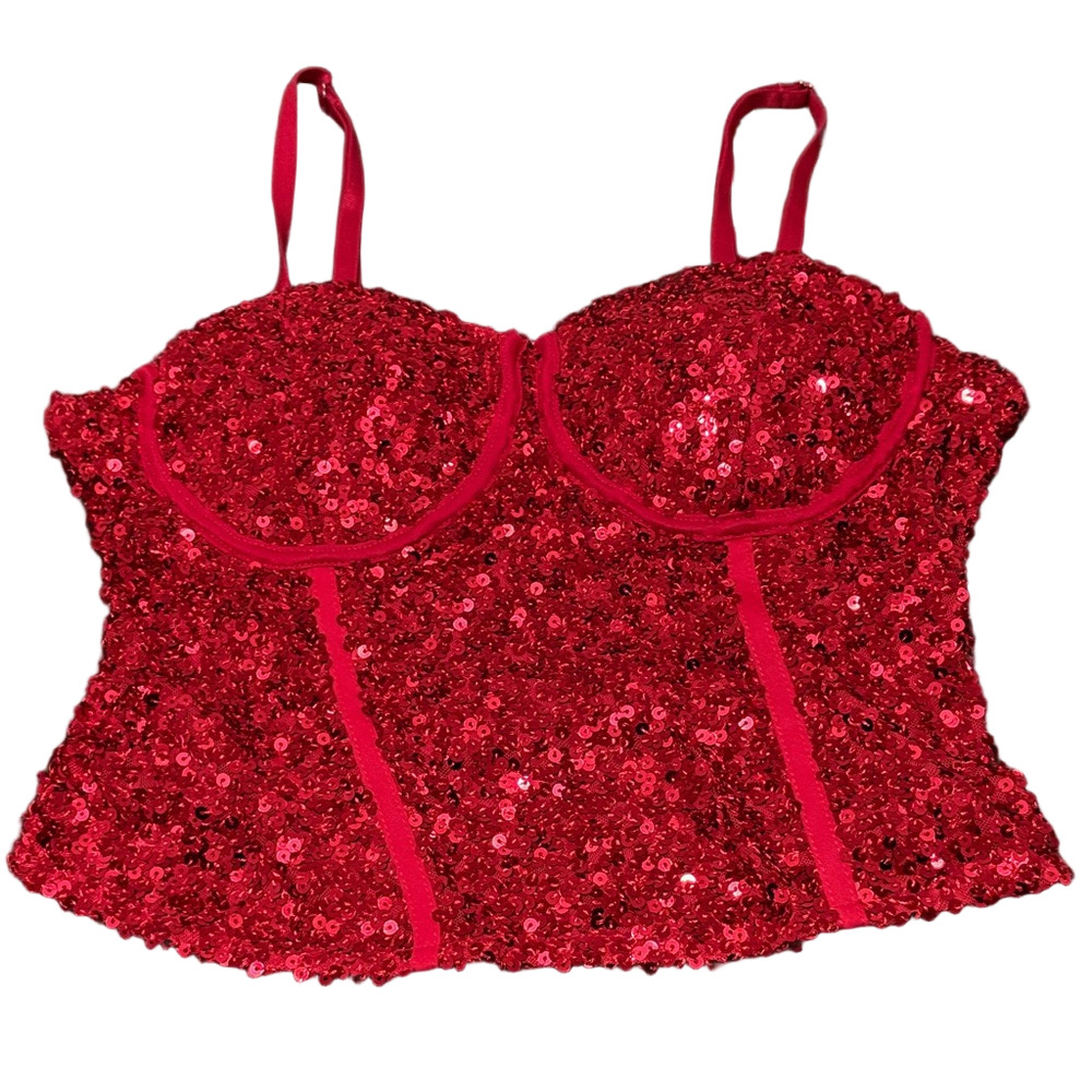 Red Sequin  Romantic Feminine Y2K Corset Top Adjustable Straps Light Padding M